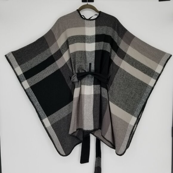 OS Black White & Grey Plaid Adjustable Warm & Cozy Cape, with Taupe Undertones - Picture 2 of 5